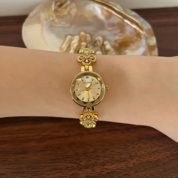MH702-2 Elegant Gold Floral Crystal Bracelet White Dial Watch for Women