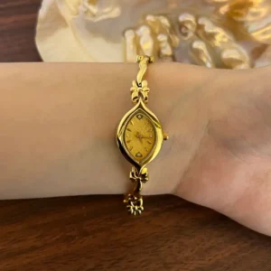 Classic Gold Marquise Floral Bracelet Rhinestone Watch for Women