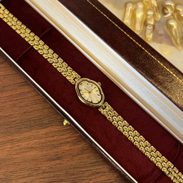 Classic Irregular-Shaped Gold Dial Bracelet Watch for Women