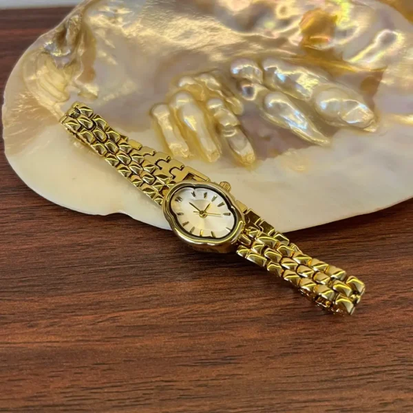 Classic Irregular-Shaped Gold Dial Bracelet Watch for Women