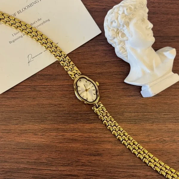 Classic Irregular-Shaped Gold Dial Bracelet Watch for Women