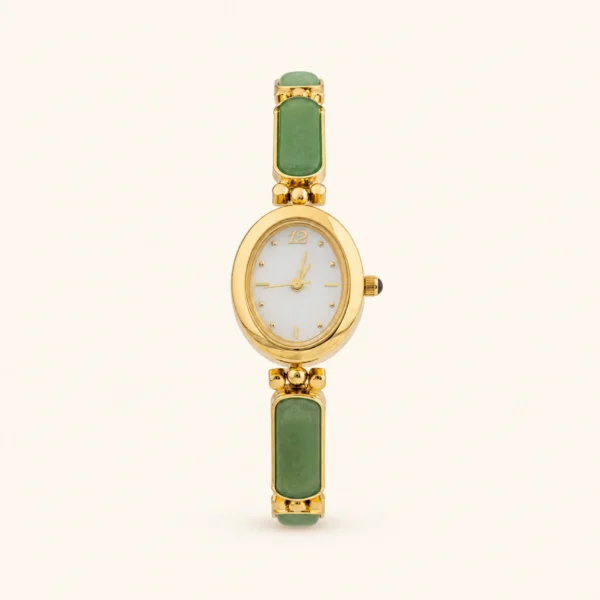 Dainty Gold Watch Oval Green Jade Bracelet Women's Watch