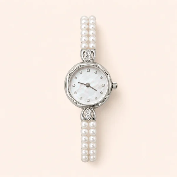 mh-49 Dainty Pearl Bracelet Watch Silver Dial Watch for Women
