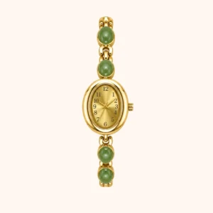 mh-b1 MoHerWatch Elegant Gold Oval Gold Dial Green Gemstone Bracelet Watch for Women
