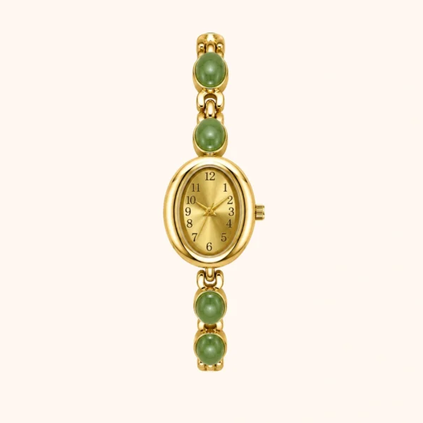 mh-b1 MoHerWatch Elegant Gold Oval Gold Dial Green Gemstone Bracelet Watch for Women