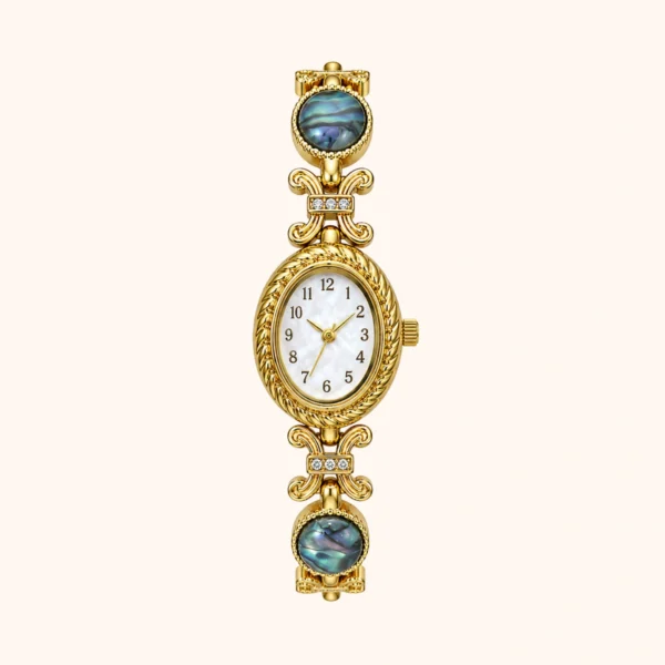 MoHerWatch Elegant Gold Oval White Dial Blue Gemstone Bracelet Watch for Women