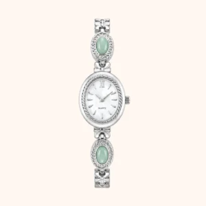 mh-b14 MoHerWatch Elegant Silver Oval White Dial Gemstone Bracelet Watch for Women