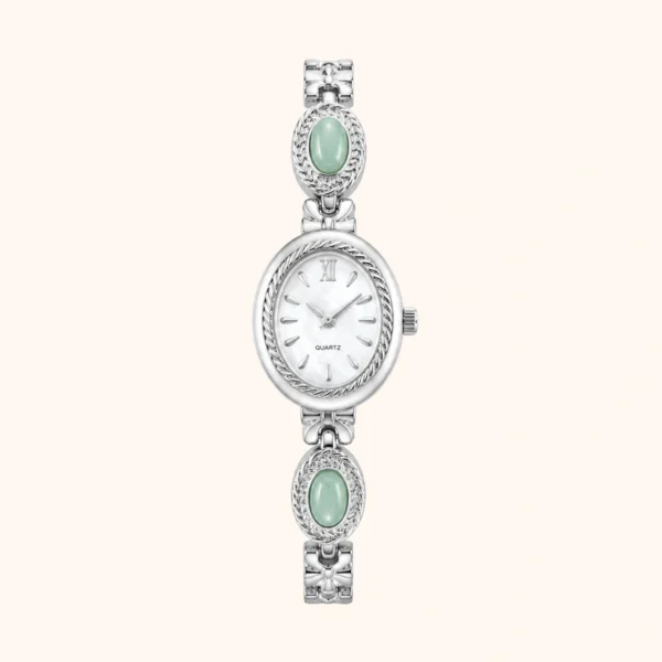 mh-b14 MoHerWatch Elegant Silver Oval White Dial Gemstone Bracelet Watch for Women