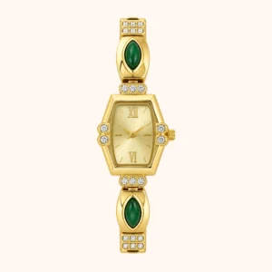 mh-b15 MoHerWatch Elegant Gold Geometric Gold Dial Green Gemstone Bracelet Watch for Women