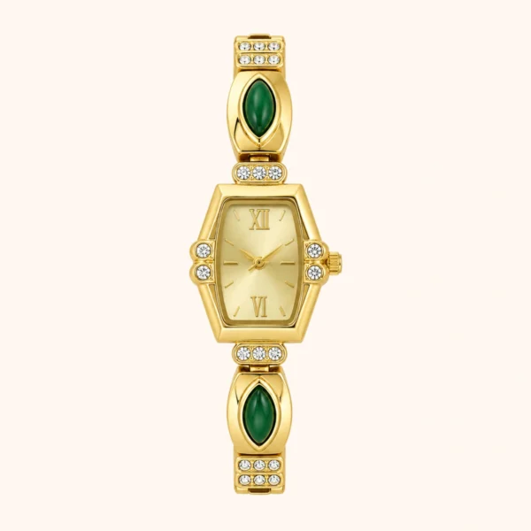 MoHerWatch Elegant Gold Geometric Gold Dial Green Gemstone Bracelet Watch for Women