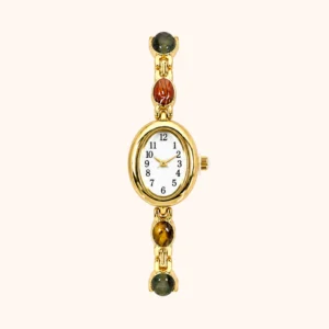 mh-b16 MoHerWatch Elegant Gold Oval White Dial Mixed Gemstone Bracelet Watch for Women