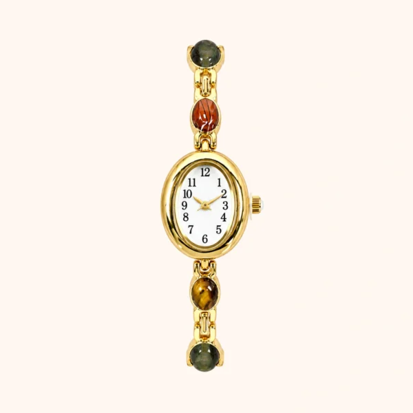 MoHerWatch Elegant Gold Oval White Dial Mixed Gemstone Bracelet Watch for Women