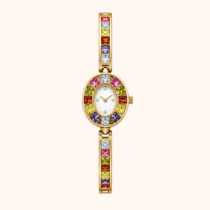 mh-b18 MoHerWatch Elegant Gold Round White Dial Multicolor Gemstone Bracelet Watch for Women