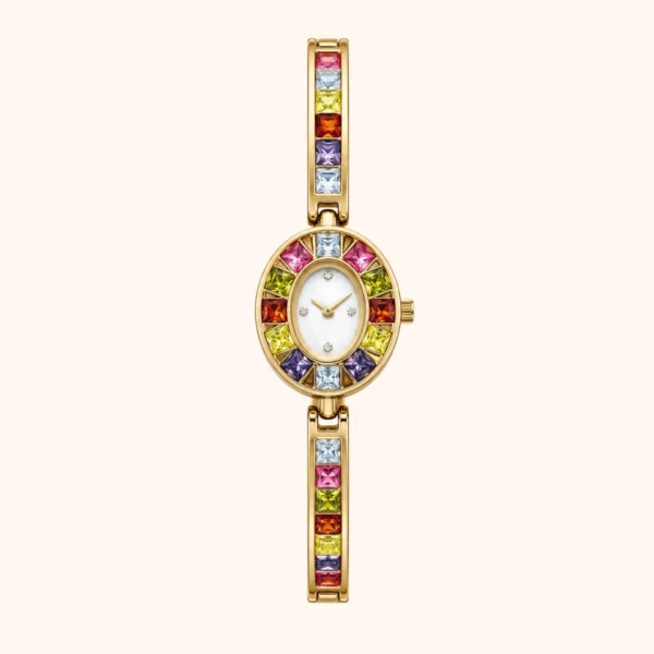 MoHerWatch Elegant Gold Round White Dial Multicolor Gemstone Bracelet Watch for Women