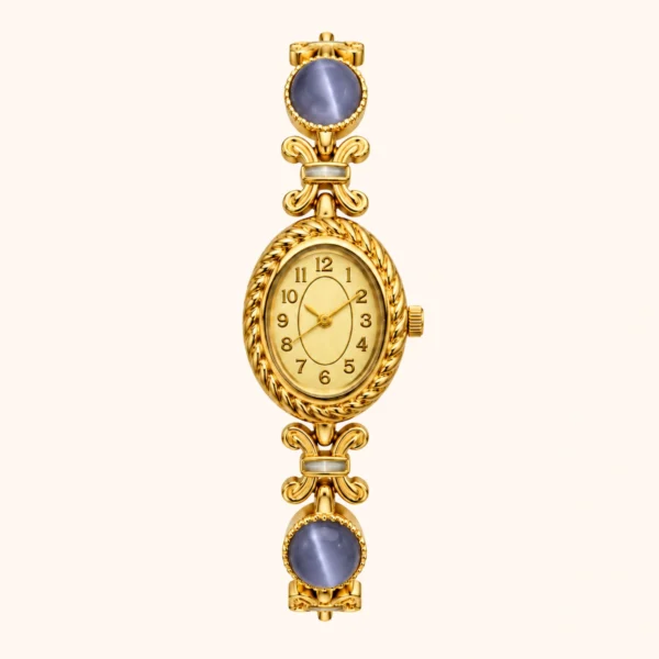 MoHerWatch Elegant Gold Oval Gold Dial Purple Gemstone Bracelet Watch for Women