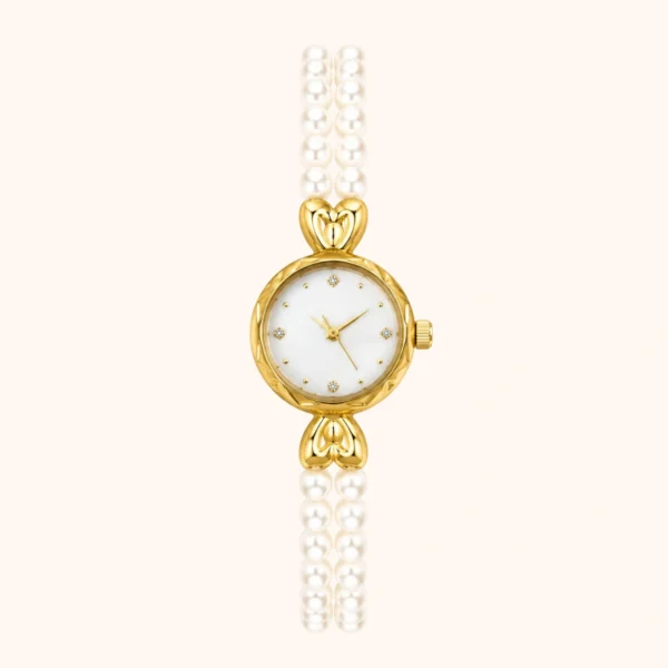 moher new-11 Elegant Pearl Bracelet Watch Gold Dial Watch for Women