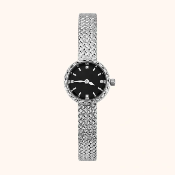moher new-15 Elegant Silver Mesh Bracelet Watch Black Dial Watch for Women
