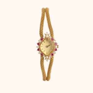 Elegant Gold Double Mesh Bracelet Pink Rhinestone Watch for Women