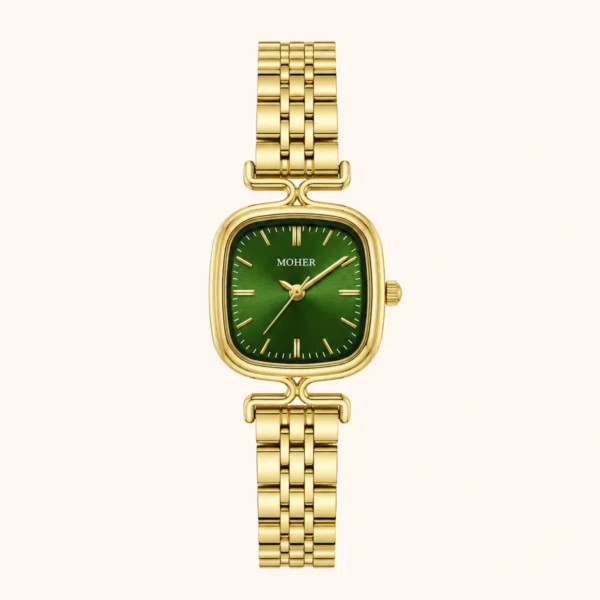 MoHer Watch Gold Square Dark Green Dial Bracelet Watch for Women