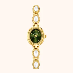 Elegant Gold Oval Bracelet Dark Green Dial Watch for Women