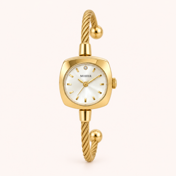 Elegant Pale Oval Dial Gold Open Cuff Watch for Women