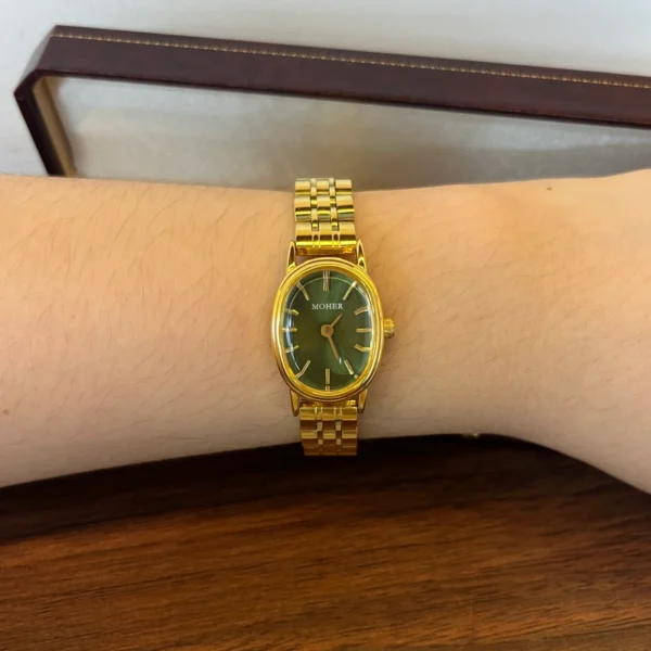 Vintage Green Oval Dial Gold Bracelet Watch for Women