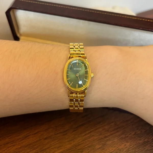 Vintage Green Oval Dial Gold Bracelet Watch for Women