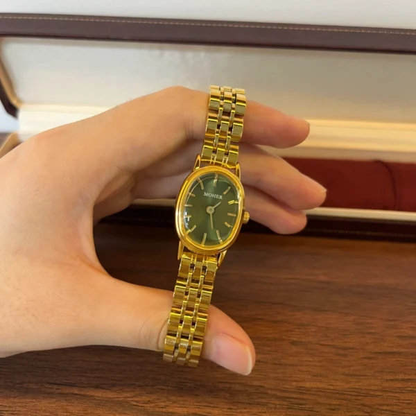 Vintage Green Oval Dial Gold Bracelet Watch for Women