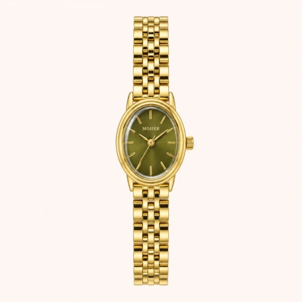 Vintage Green Oval Dial Gold Bracelet Watch for Women
