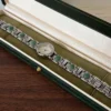 Vintage Green Oval Accent Silver Bracelet Round Dial Watch for Women