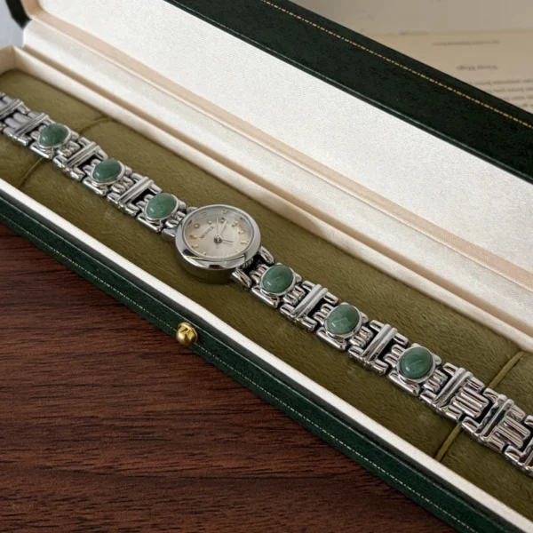Vintage Green Oval Accent Silver Bracelet Round Dial Watch for Women
