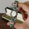 Vintage Green Oval Accent Silver Bracelet Round Dial Watch for Women