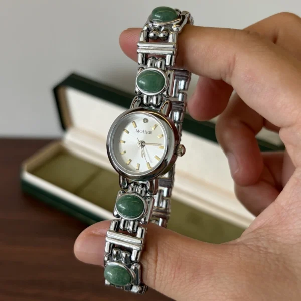 Vintage Green Oval Accent Silver Bracelet Round Dial Watch for Women