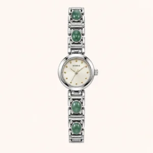 Vintage Green Oval Accent Silver Bracelet Round Dial Watch for Women