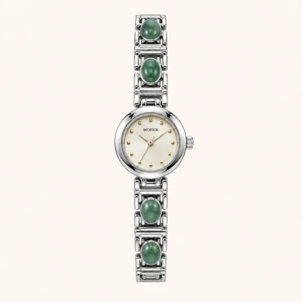 Vintage Green Oval Accent Silver Bracelet Round Dial Watch for Women