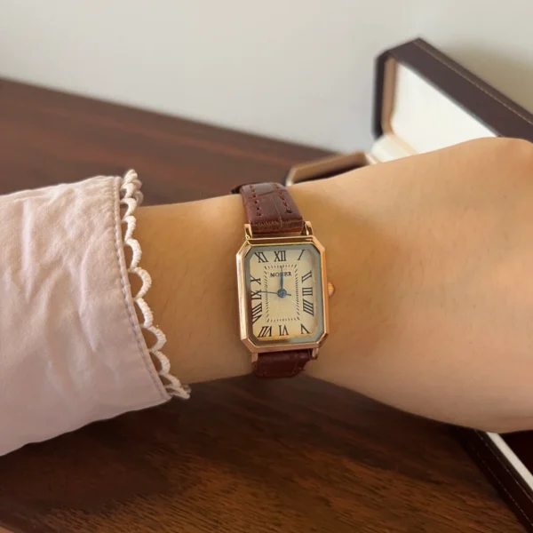 Vintage Roman Numeral Rectangle Dial Brown Strap Watch for Women