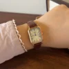 Vintage Roman Numeral Rectangle Dial Brown Strap Watch for Women