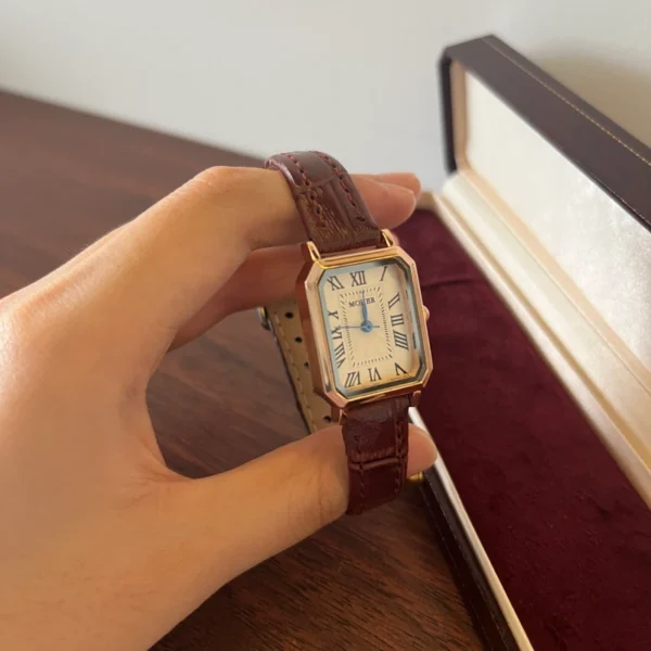 Vintage Roman Numeral Rectangle Dial Brown Strap Watch for Women
