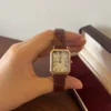 Vintage Roman Numeral Rectangle Dial Brown Strap Watch for Women