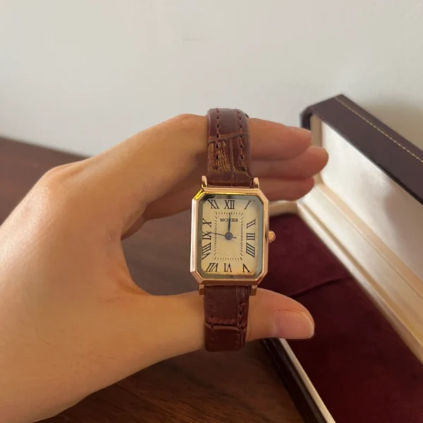 Vintage Roman Numeral Rectangle Dial Brown Strap Watch for Women