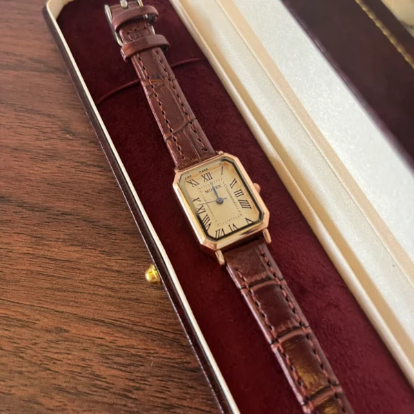 Vintage Roman Numeral Rectangle Dial Brown Strap Watch for Women