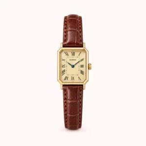 Vintage Roman Numeral Rectangle Dial Brown Strap Watch for Women