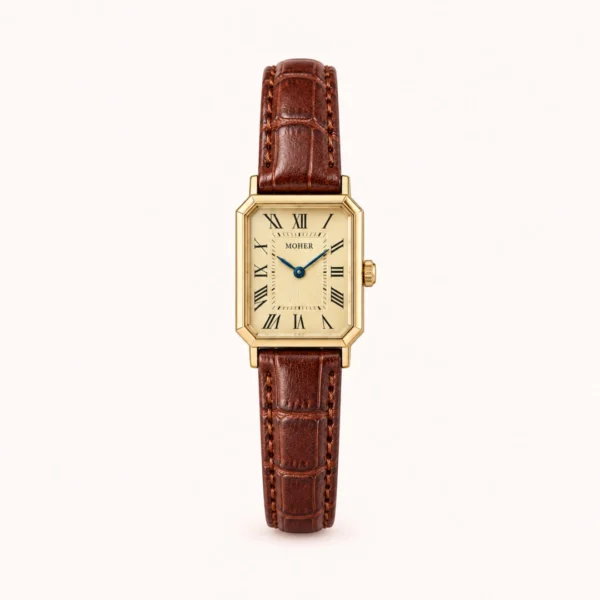 Vintage Roman Numeral Rectangle Dial Brown Strap Watch for Women
