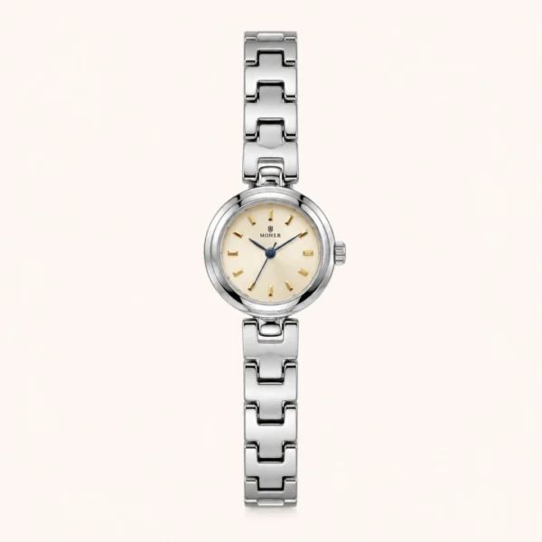 Classic Cream Round Dial Silver Link Bracelet Watch for Women