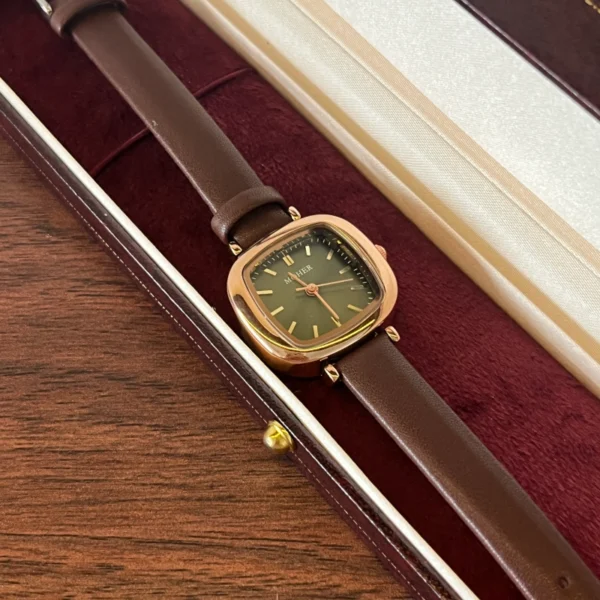Vintage Green Rounded Square Dial Brown Strap Watch for Women