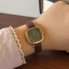 Vintage Green Rounded Square Dial Brown Strap Watch for Women