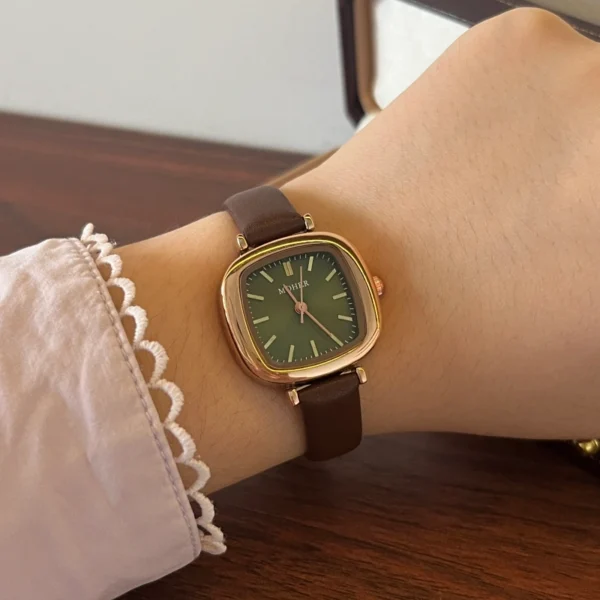 Vintage Green Rounded Square Dial Brown Strap Watch for Women
