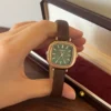Vintage Green Rounded Square Dial Brown Strap Watch for Women