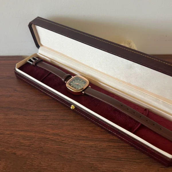 Vintage Green Rounded Square Dial Brown Strap Watch for Women