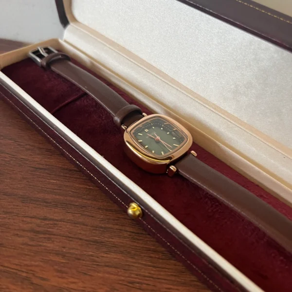 Vintage Green Rounded Square Dial Brown Strap Watch for Women